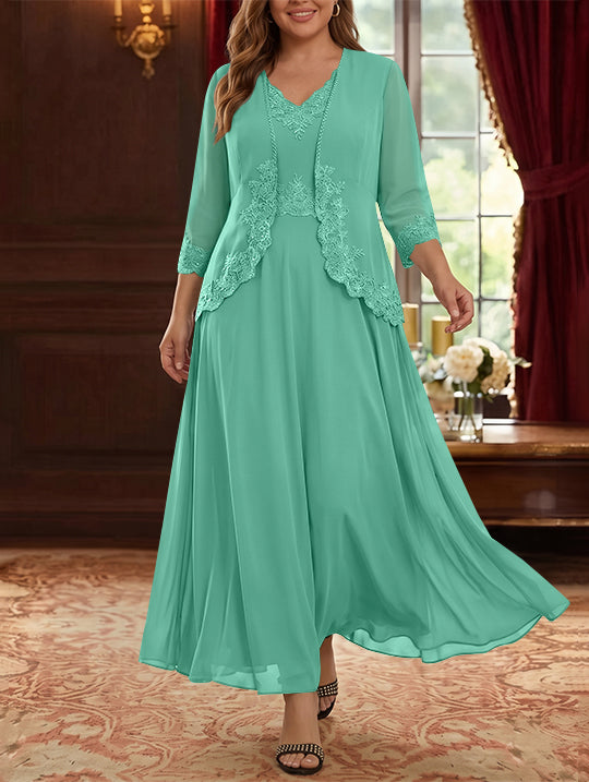2 Pieces A-Line/Princess V-Neck Chiffon Plus Size Mother of the Bride Dresses with Jacket Lace Ankle-Length 3/4 Sleeves