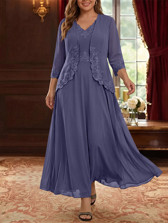 2 Pieces A-Line/Princess V-Neck Chiffon Plus Size Mother of the Bride Dresses with Jacket Lace Ankle-Length 3/4 Sleeves