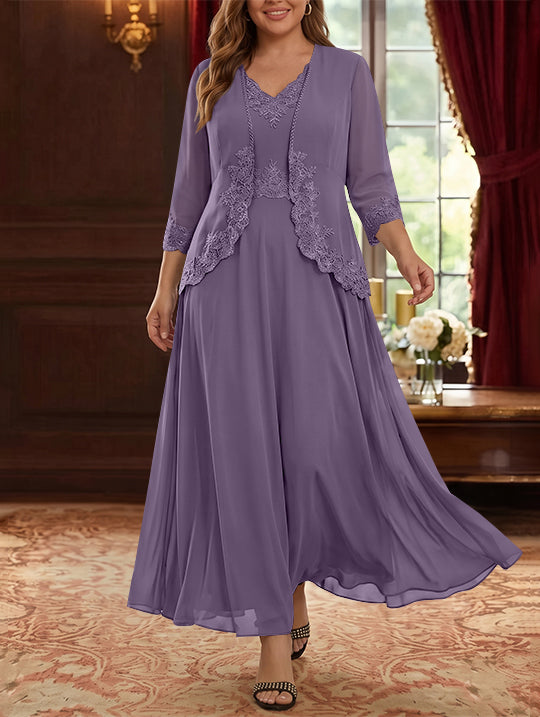 2 Pieces A-Line/Princess V-Neck Chiffon Plus Size Mother of the Bride Dresses with Jacket Lace Ankle-Length 3/4 Sleeves