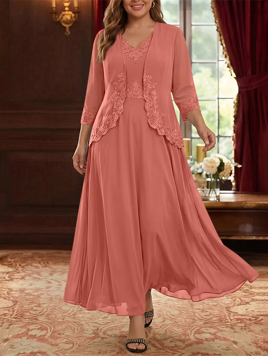 2 Pieces A-Line/Princess V-Neck Chiffon Plus Size Mother of the Bride Dresses with Jacket Lace Ankle-Length 3/4 Sleeves