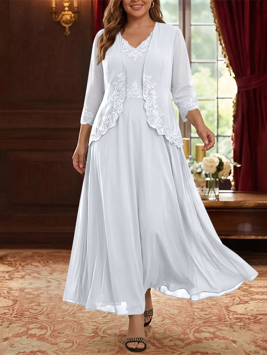2 Pieces A-Line/Princess V-Neck Chiffon Plus Size Mother of the Bride Dresses with Jacket Lace Ankle-Length 3/4 Sleeves