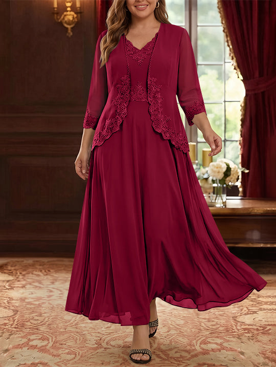 2 Pieces A-Line/Princess V-Neck Chiffon Plus Size Mother of the Bride Dresses with Jacket Lace Ankle-Length 3/4 Sleeves