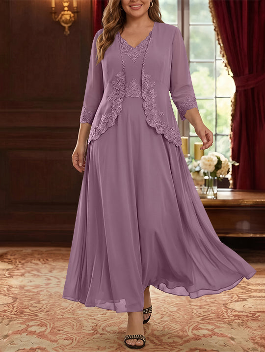 2 Pieces A-Line/Princess V-Neck Chiffon Plus Size Mother of the Bride Dresses with Jacket Lace Ankle-Length 3/4 Sleeves