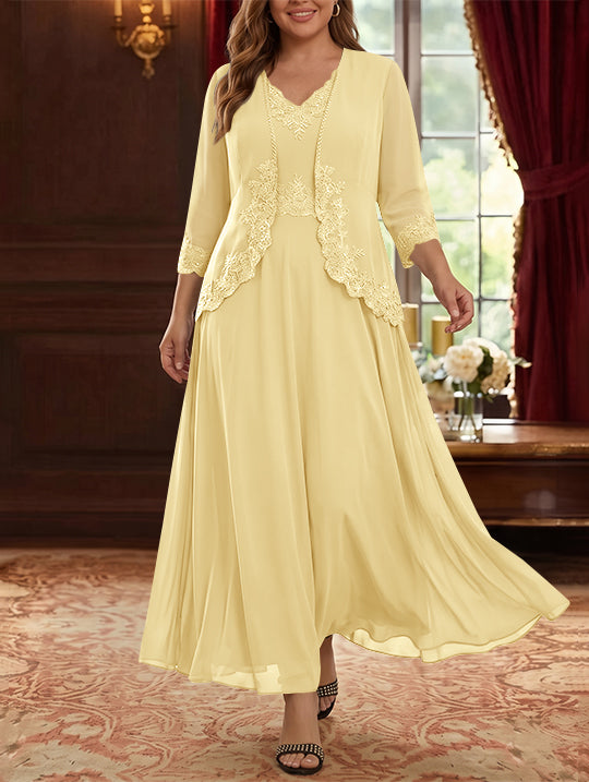 2 Pieces A-Line/Princess V-Neck Chiffon Plus Size Mother of the Bride Dresses with Jacket Lace Ankle-Length 3/4 Sleeves