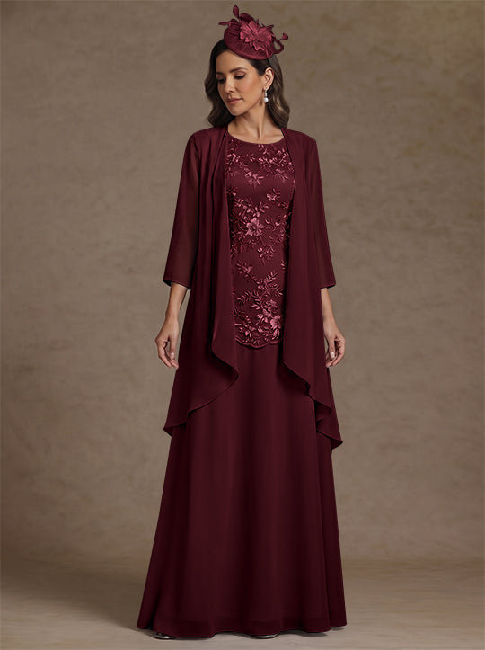 2 Pieces A-Line/Princess Scoop Chiffon Mother of the Bride Dresses with Jacket Floor-Length 3/4 Sleeves Lace