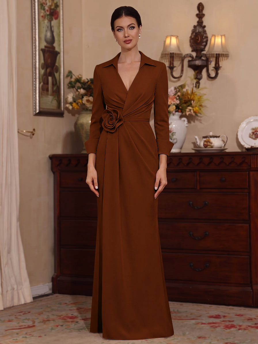Sheath/Column V-Neck Stretch Satin Mother of the Bride Dresses with 3D Flower Floor-Length 3/4 Sleeves