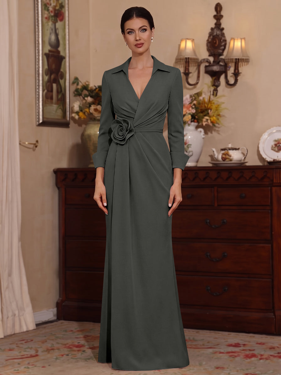 Sheath/Column V-Neck Stretch Satin Mother of the Bride Dresses with 3D Flower Floor-Length 3/4 Sleeves