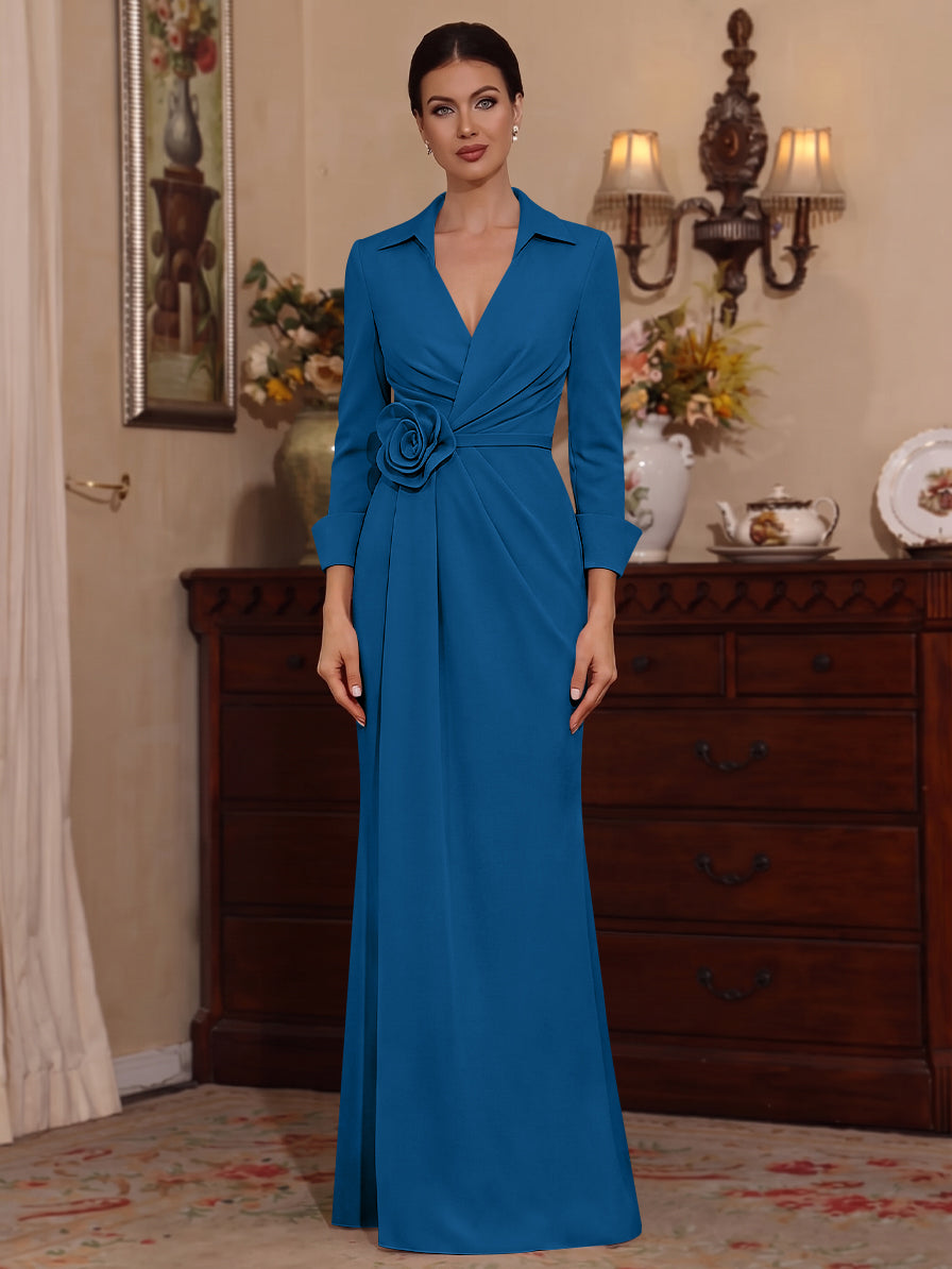 Sheath/Column V-Neck Stretch Satin Mother of the Bride Dresses with 3D Flower Floor-Length 3/4 Sleeves