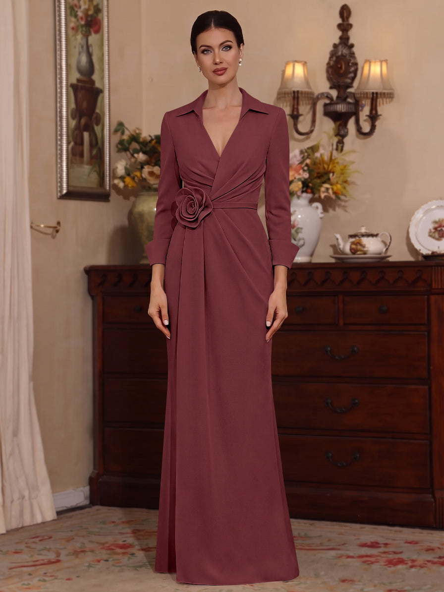 Sheath/Column V-Neck Stretch Satin Mother of the Bride Dresses with 3D Flower Floor-Length 3/4 Sleeves