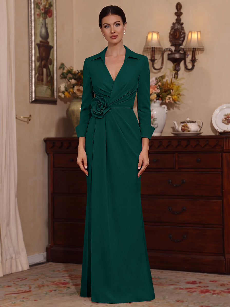 Sheath/Column V-Neck Stretch Satin Mother of the Bride Dresses with 3D Flower Floor-Length 3/4 Sleeves