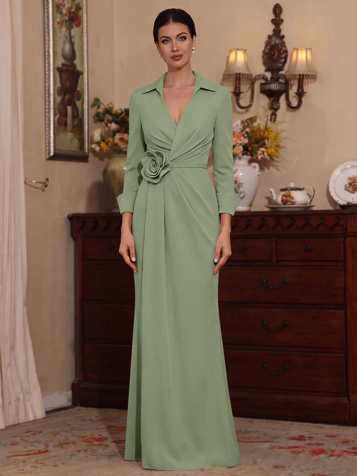 Sheath/Column V-Neck Stretch Satin Mother of the Bride Dresses with 3D Flower Floor-Length 3/4 Sleeves