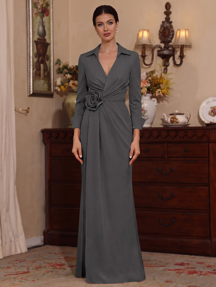 Sheath/Column V-Neck Stretch Satin Mother of the Bride Dresses with 3D Flower Floor-Length 3/4 Sleeves