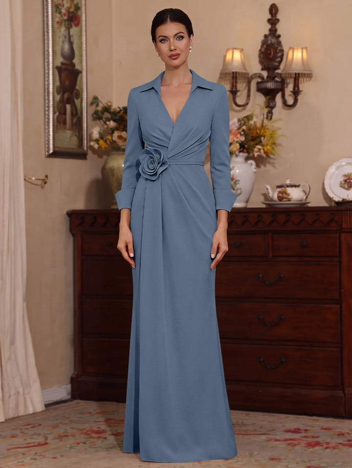 Sheath/Column V-Neck Stretch Satin Mother of the Bride Dresses with 3D Flower Floor-Length 3/4 Sleeves