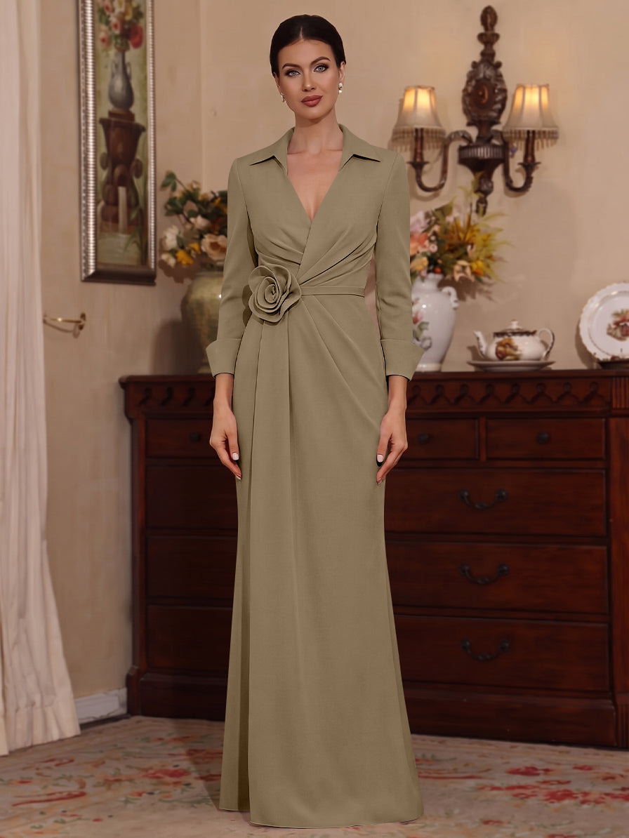 Sheath/Column V-Neck Stretch Satin Mother of the Bride Dresses with 3D Flower Floor-Length 3/4 Sleeves