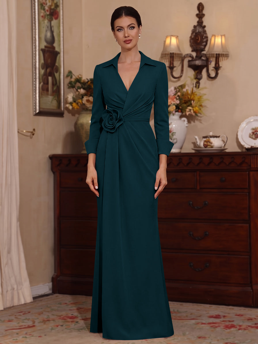 Sheath/Column V-Neck Stretch Satin Mother of the Bride Dresses with 3D Flower Floor-Length 3/4 Sleeves