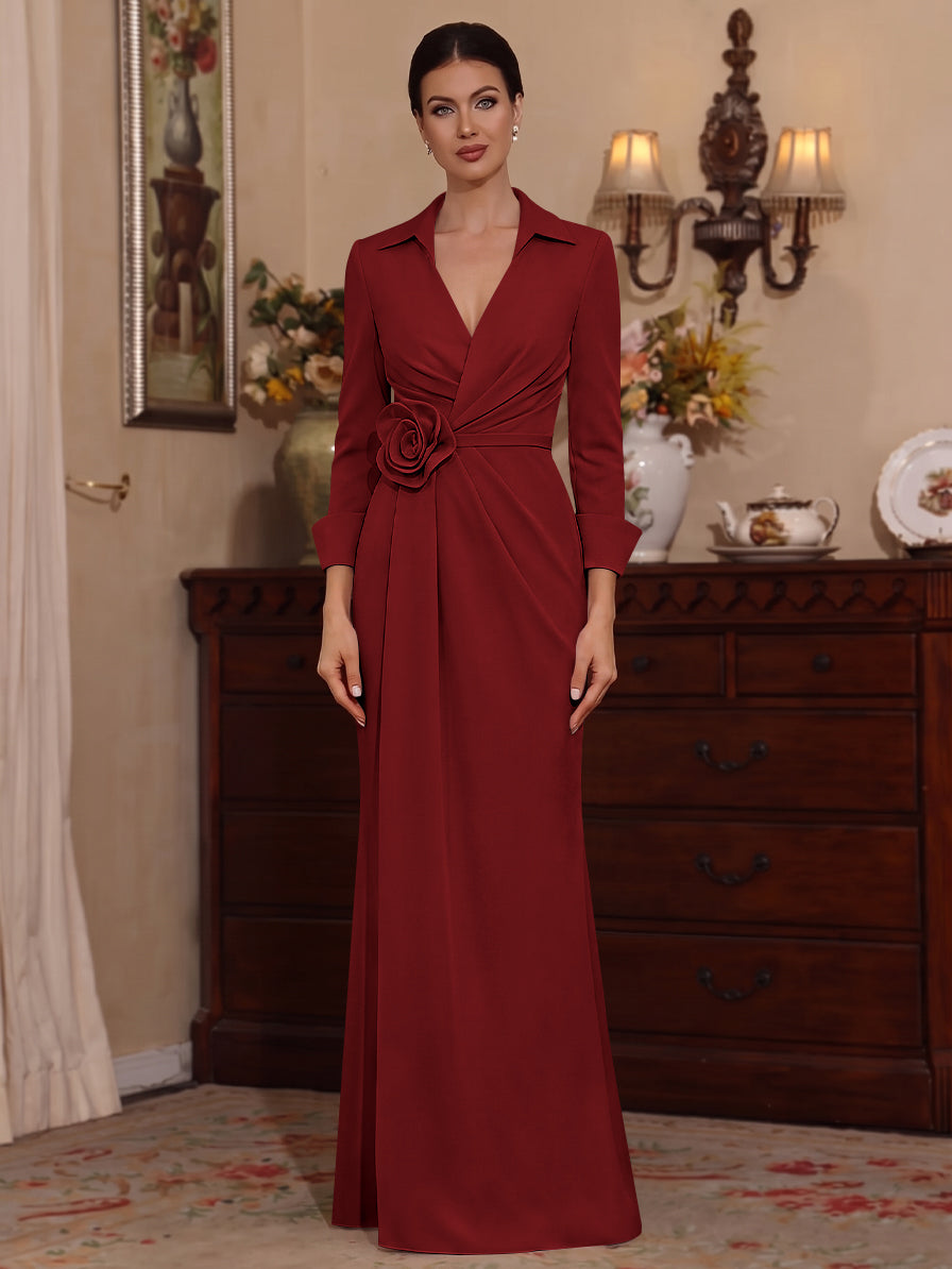 Sheath/Column V-Neck Stretch Satin Mother of the Bride Dresses with 3D Flower Floor-Length 3/4 Sleeves