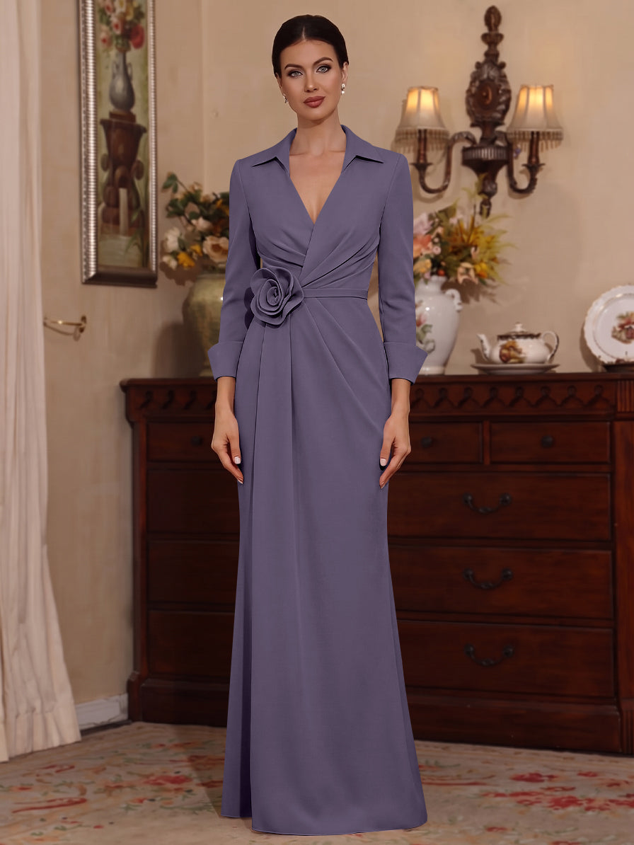 Sheath/Column V-Neck Stretch Satin Mother of the Bride Dresses with 3D Flower Floor-Length 3/4 Sleeves