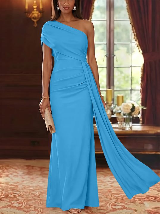 Sheath/Column One-Shoulder Chiffon Mother of the Bride Dresses with Watteau Train Floor-Length Sleeveless