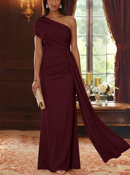 Sheath/Column One-Shoulder Chiffon Mother of the Bride Dresses with Watteau Train Floor-Length Sleeveless