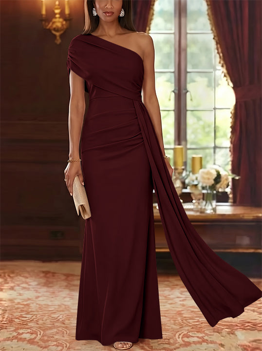 Sheath/Column One-Shoulder Chiffon Mother of the Bride Dresses with Watteau Train Floor-Length Sleeveless