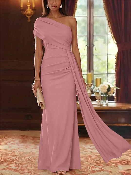 Sheath/Column One-Shoulder Chiffon Mother of the Bride Dresses with Watteau Train Floor-Length Sleeveless