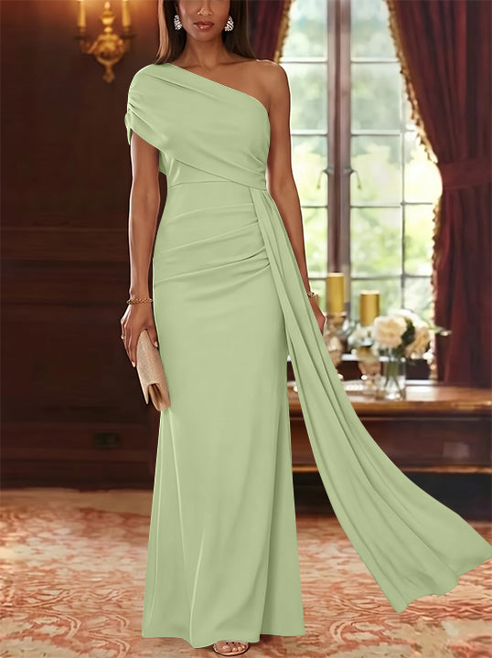 Sheath/Column One-Shoulder Chiffon Mother of the Bride Dresses with Watteau Train Floor-Length Sleeveless