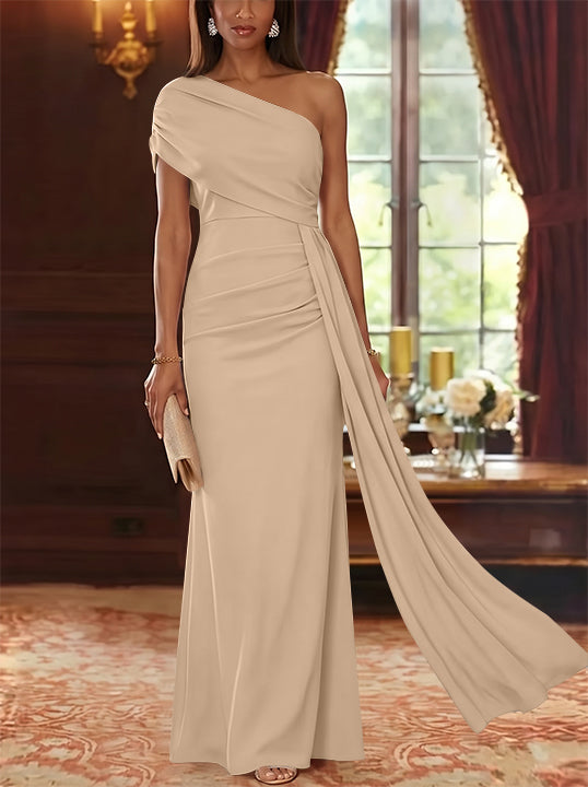 Sheath/Column One-Shoulder Chiffon Mother of the Bride Dresses with Watteau Train Floor-Length Sleeveless