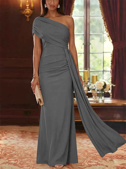 Sheath/Column One-Shoulder Chiffon Mother of the Bride Dresses with Watteau Train Floor-Length Sleeveless