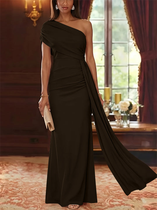 Sheath/Column One-Shoulder Chiffon Mother of the Bride Dresses with Watteau Train Floor-Length Sleeveless