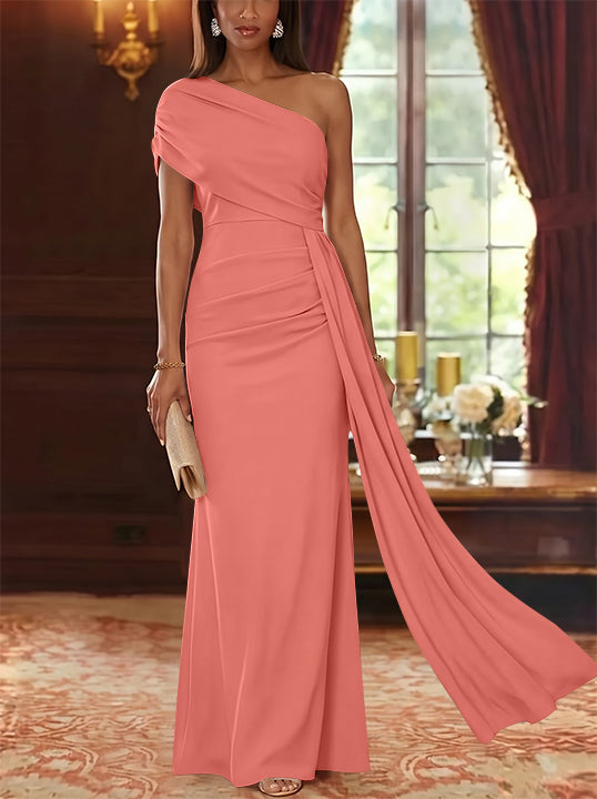 Sheath/Column One-Shoulder Chiffon Mother of the Bride Dresses with Watteau Train Floor-Length Sleeveless