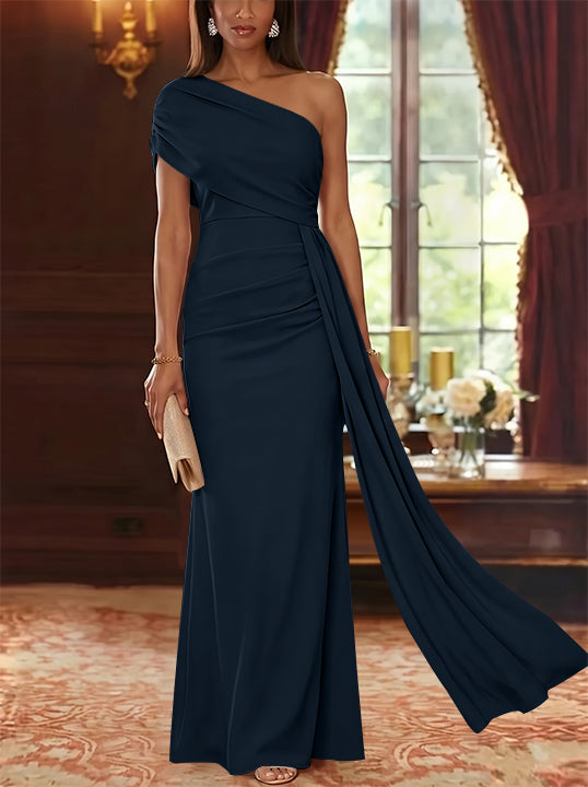 Sheath/Column One-Shoulder Chiffon Mother of the Bride Dresses with Watteau Train Floor-Length Sleeveless