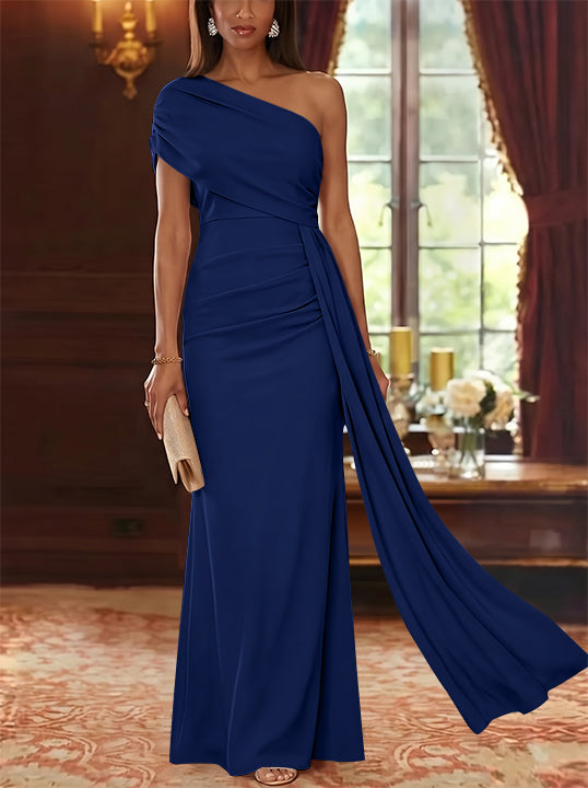 Sheath/Column One-Shoulder Chiffon Mother of the Bride Dresses with Watteau Train Floor-Length Sleeveless