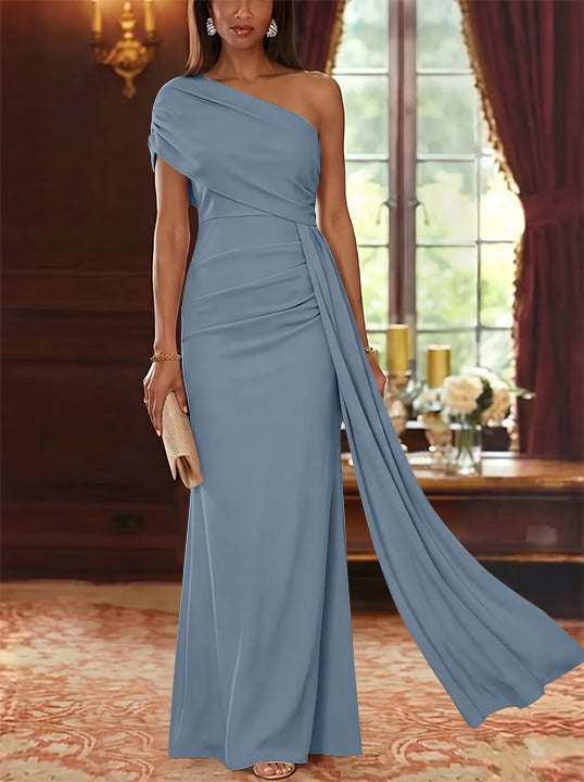 Sheath/Column One-Shoulder Chiffon Mother of the Bride Dresses with Watteau Train Floor-Length Sleeveless