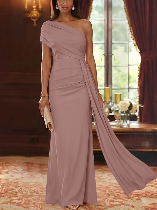Sheath/Column One-Shoulder Chiffon Mother of the Bride Dresses with Watteau Train Floor-Length Sleeveless