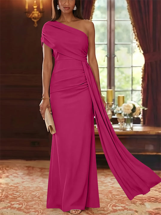 Sheath/Column One-Shoulder Chiffon Mother of the Bride Dresses with Watteau Train Floor-Length Sleeveless