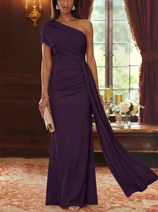 Sheath/Column One-Shoulder Chiffon Mother of the Bride Dresses with Watteau Train Floor-Length Sleeveless