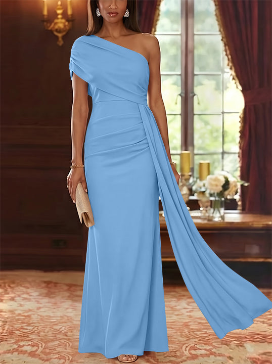Sheath/Column One-Shoulder Chiffon Mother of the Bride Dresses with Watteau Train Floor-Length Sleeveless