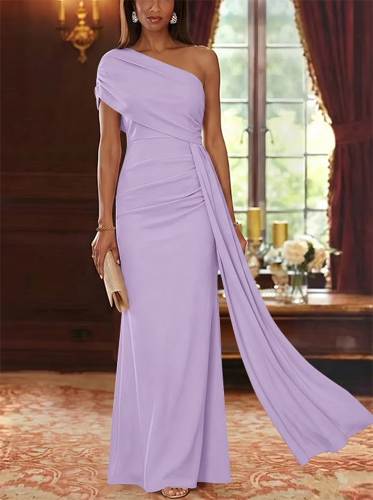 Sheath/Column One-Shoulder Chiffon Mother of the Bride Dresses with Watteau Train Floor-Length Sleeveless