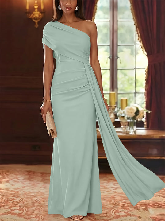 Sheath/Column One-Shoulder Chiffon Mother of the Bride Dresses with Watteau Train Floor-Length Sleeveless