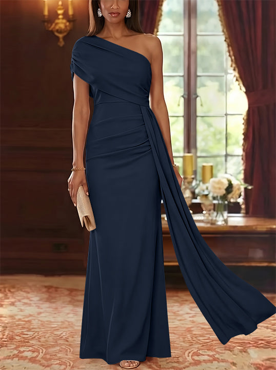 Sheath/Column One-Shoulder Chiffon Mother of the Bride Dresses with Watteau Train Floor-Length Sleeveless
