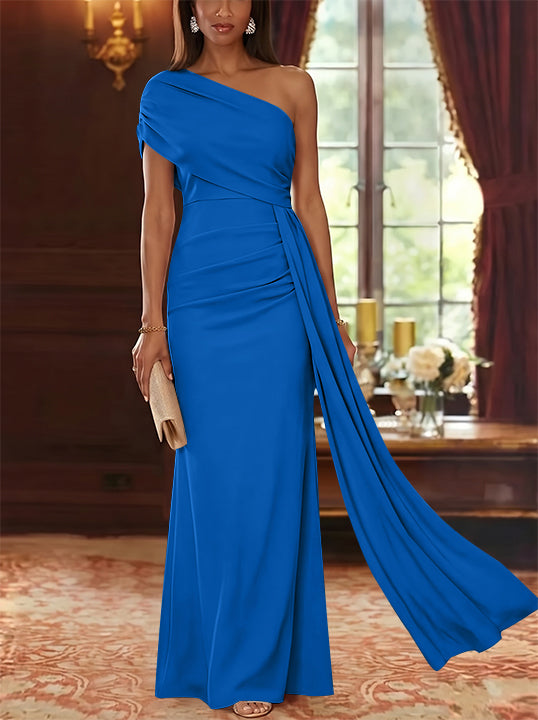 Sheath/Column One-Shoulder Chiffon Mother of the Bride Dresses with Watteau Train Floor-Length Sleeveless