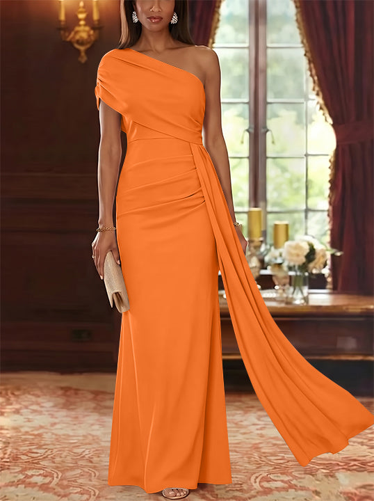 Sheath/Column One-Shoulder Chiffon Mother of the Bride Dresses with Watteau Train Floor-Length Sleeveless