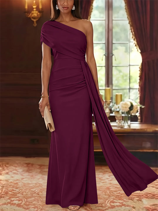 Sheath/Column One-Shoulder Chiffon Mother of the Bride Dresses with Watteau Train Floor-Length Sleeveless