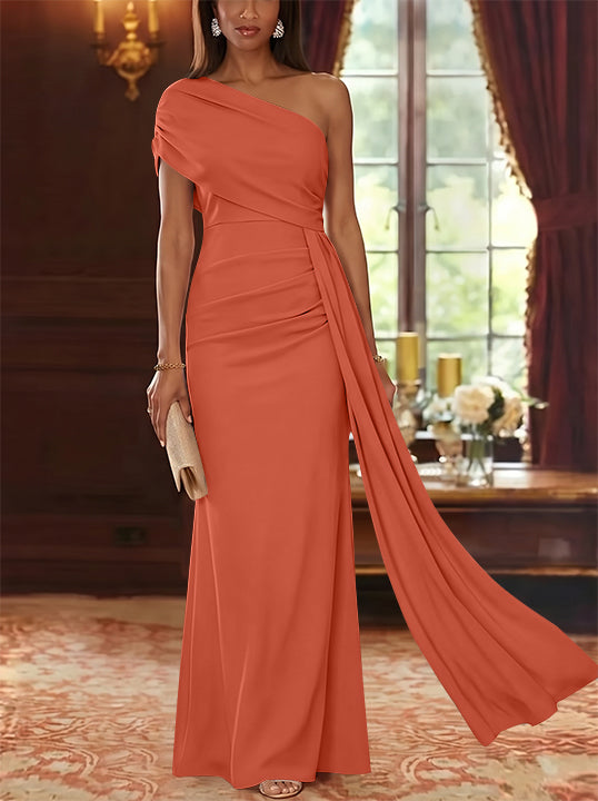 Sheath/Column One-Shoulder Chiffon Mother of the Bride Dresses with Watteau Train Floor-Length Sleeveless