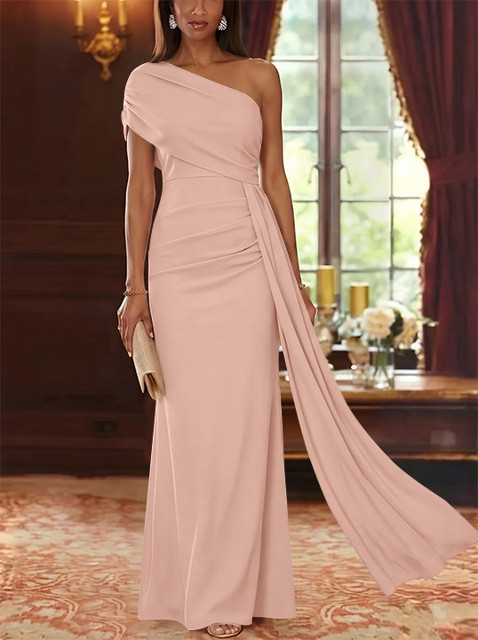 Sheath/Column One-Shoulder Chiffon Mother of the Bride Dresses with Watteau Train Floor-Length Sleeveless
