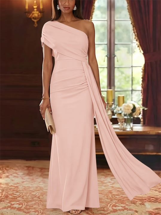 Sheath/Column One-Shoulder Chiffon Mother of the Bride Dresses with Watteau Train Floor-Length Sleeveless