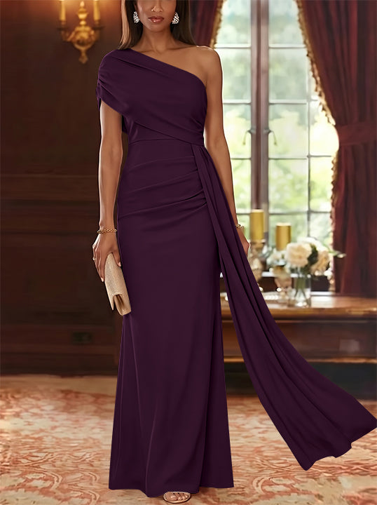 Sheath/Column One-Shoulder Chiffon Mother of the Bride Dresses with Watteau Train Floor-Length Sleeveless
