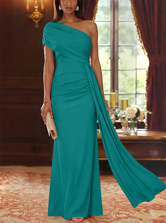 Sheath/Column One-Shoulder Chiffon Mother of the Bride Dresses with Watteau Train Floor-Length Sleeveless