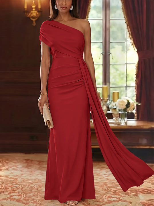 Sheath/Column One-Shoulder Chiffon Mother of the Bride Dresses with Watteau Train Floor-Length Sleeveless