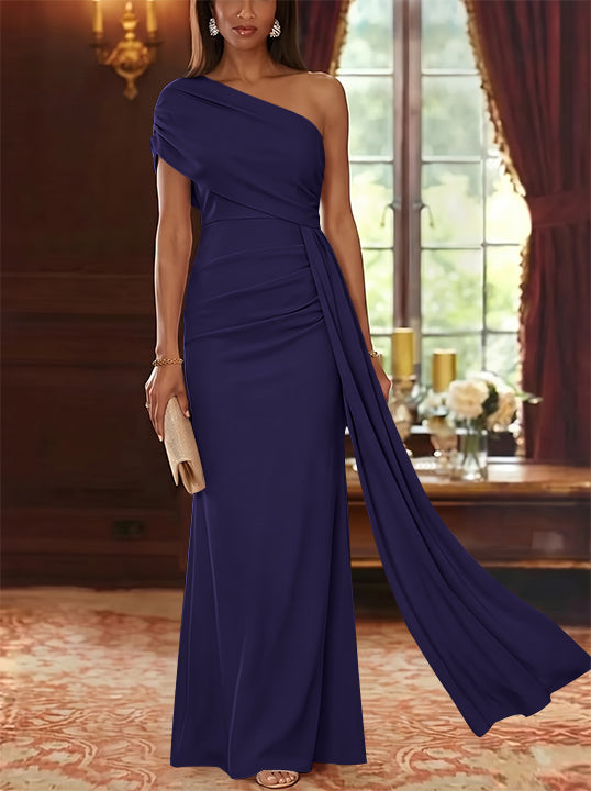 Sheath/Column One-Shoulder Chiffon Mother of the Bride Dresses with Watteau Train Floor-Length Sleeveless